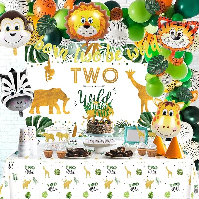 Two Wild Birthday Decorations - Safari Jungle Theme 2nd Birthday Party Supplies Includes Banner, Backdrop, Balloons Arch, Tablecloth, Topper, Two Wild Jungle Safari Theme Party Decorations