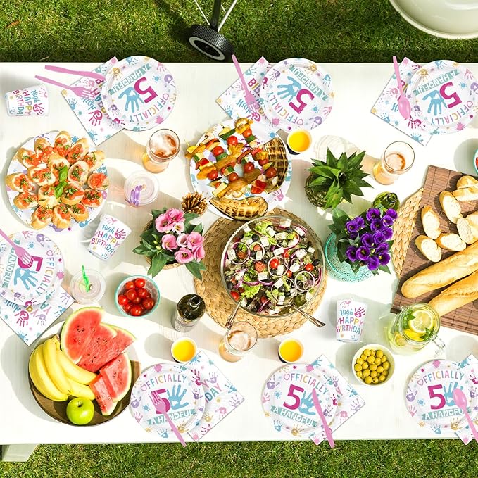 168Pcs Hi Five Birthday Party Decorations Colorful High Five Theme Plates and Napkins Cups Forks Disposable Boho 5th Tableware Sets for 5 Years Old Birthday Party Supplies Serves 24