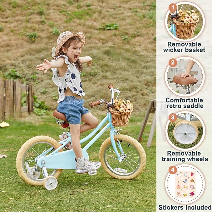 Petimini Vintage Kids Bike for Girls, 12–20 Inch Classic Bicycle with Wicker Basket & Bell, High Tensile Steel Frame, Training Wheels (12–18”), 85% Pre-Assembled, Retro Bike for Outdoor Riding