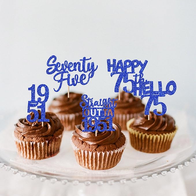 30 PCS 75th Birthday Cupcake Toppers Glitter Seventy Five Happy 75 Straight Outta 1951 Cupcake Picks for Cheers to 75 Fabulous 75th Birthday Anniversary Party Cake Decorations Supplier Blue