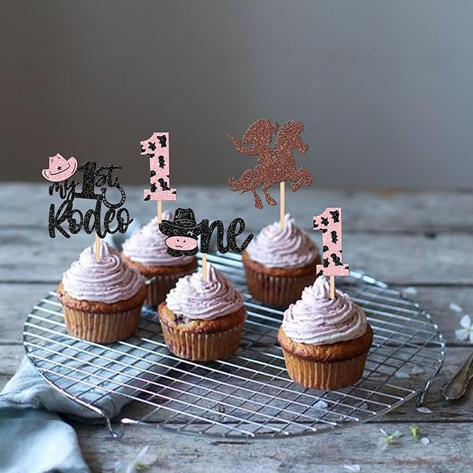 24 PCS Cowboy Cupcake Toppers - Glitter Hat, One My 1st Rodeo Cupcake Picks, First Birthday Cow One Cake Decorations for Western Theme Baby Shower, Kids 1st Birthday Party Supplies - Pink
