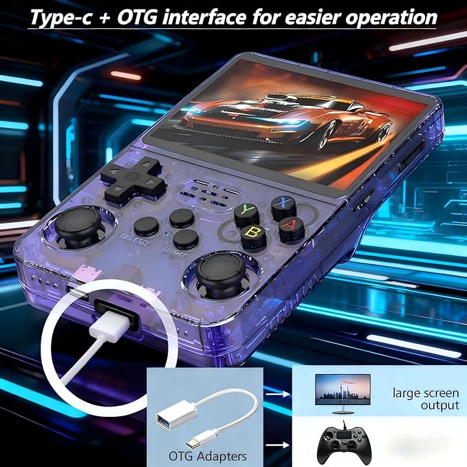 R36S Handheld Emulator Game Console, Portable Retro Gaming Device, Linux System, 3.5″ IPS HD Screen, 64GB Storage, 3500mAh Battery, Preloaded 20,000+ Games (Purple Transparent)