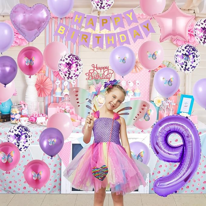 9th Birthday Decorations for Girl,Pink Purple 9th Butterfly Party Decorations 9 Birthday Balloons Pink Purple Banner Number 9 Balloons Cake Topper Butterfly Party Supplies for Girls