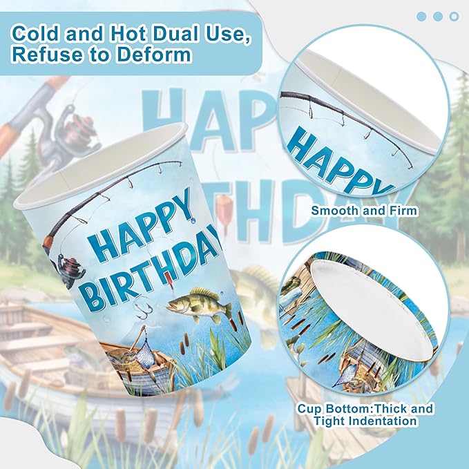 120Pcs Fishing Party Supplies,Disposable Tableware Set,Include Plates Napkins Cups Forks,Little Fisherman Themed Paper Plates Set for Birthday Serves 20