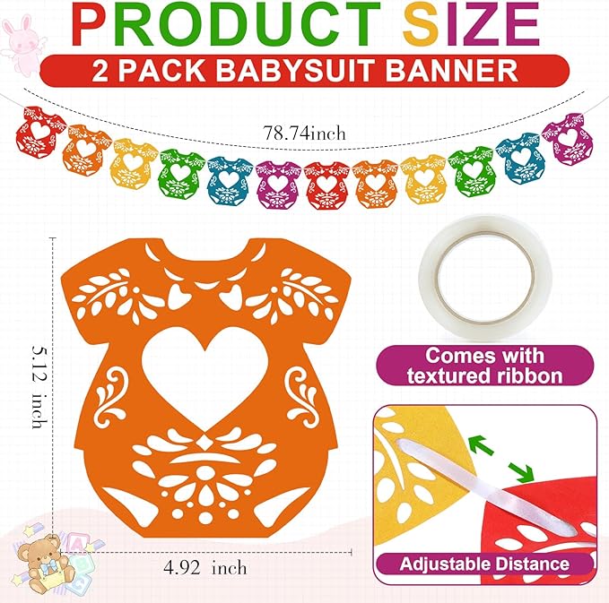 2 Pack Cielito Lindo Papel Picado Baby Shower Banner Decoration, Mexican 24 Pcs Bodysuit Card with Hanging String Fiesta Garland for Gender Baby Shower Party Supplies(Rainbow Color)