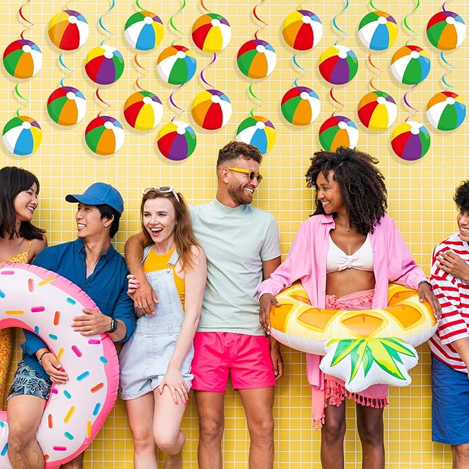 60pcs Beach Ball Party Foil Swirl Decorations Summer Pool Ball Ceiling Hanging Decor Swirls Beach Cutouts Supplies for Birthday Summer Party Favor Indoor Outdoor Decor