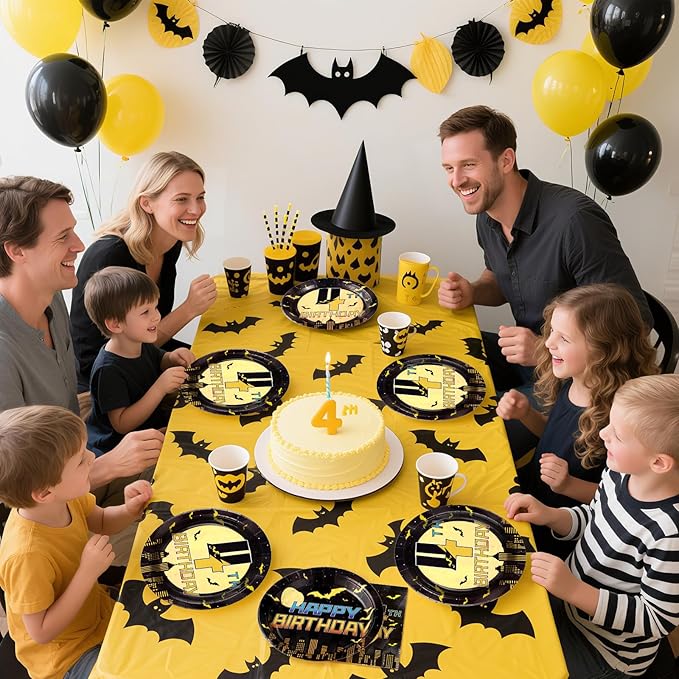 96Pcs Bat 4th Birthday Party Decorations Black Yellow Cartoon Bat Hero Paper Plates and Napkins Set Bats Fourth Birthday Decoration for Boys 4 Years Old Super Theme Hero Bats Party Supplies Serves 24