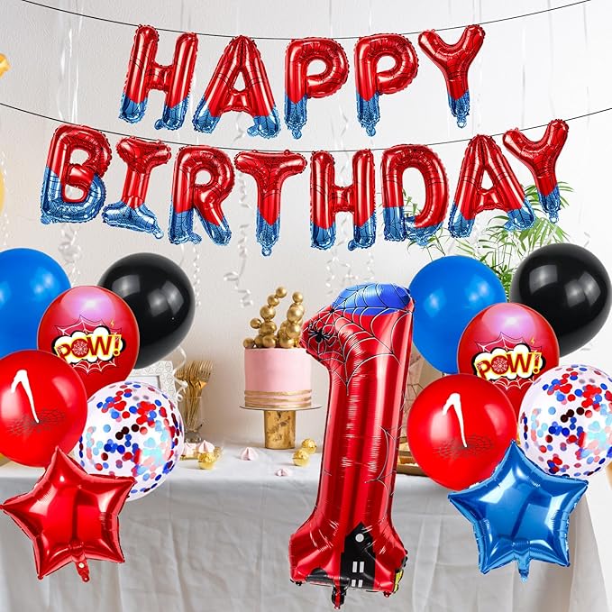 Cartoon Hero 40 Inch Red and Blue Spider Theme Number Foil Birthday Decoration Balloon, Spider Theme Happy Birthday Banner Party Decoration Balloon, Letter Logo Superhero Party Supplies (1)