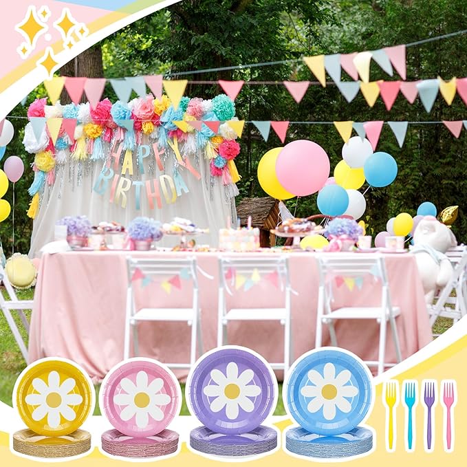 Zhehao Blue Dog Birthday Decoration Set Cartoon Animal Birthday Party Decoration Tableware Plates Daisy Napkins and Forks Blue Pink Cute Cartoon Theme Decorations, Party Decorations Supplies