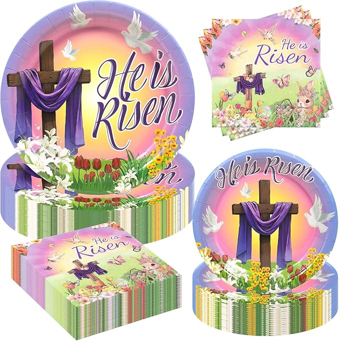 180Pcs Easter He is Risen Paper Plates and Napkins Set,Disposable Jesus Cross Lily Floral Easter Party Decorations for Religion Christ Party,Serve 60 Guests