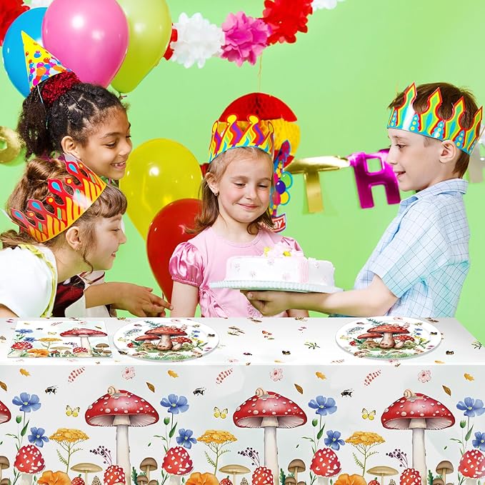 41Pcs Mushroom Birthday Decorations Enchanted Forest Party Tableware Set Wonderland Wildflower Mushroom Paper Plates Napkins Tablecloth丨Baby Shower Fairy Tale Party Cottagecore Party Decor,Serve 20