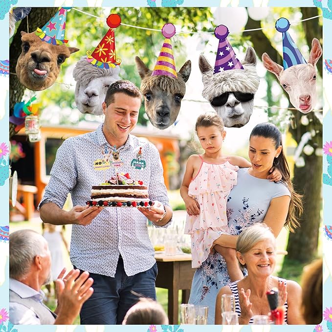 25 Pcs Llama Birthday Banner Garland Funny Decorations Include 1 Pcs Garland and 24 Alpaca Face Cake Cupcake Topper Llama Birthday Decorations Portrait Bunting Cactus Hilarious Bday Party Supplies