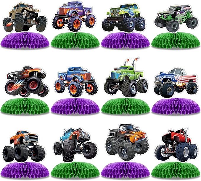 12 PCS Monster Truck Party Table Decorations, Monster Truck Birthday Honeycomb Centerpiece, Racing Car Theme Birthday Decoration for Boys Girls Baby Shower Kids Cake Decorations Party Supplies