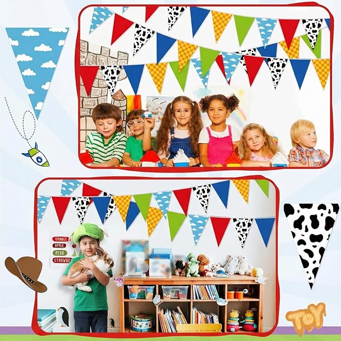 Pasimy 5 Pcs 49.2Ft Cartoon Birthday Party Decorations Blue Sky White Clouds and Cow Print Pennant Banners Flags Red Blue Yellow String Triangle Flag Banner for Baby Shower Birthday Party Decorations