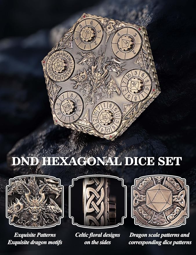 D&D Dice Set,7PCS Metal Dice for Dungeons and Dragons,Mini Dice Set with Pocket Watch Case,Role Playing Board Games Accessories (Dragon, Bronze-S)