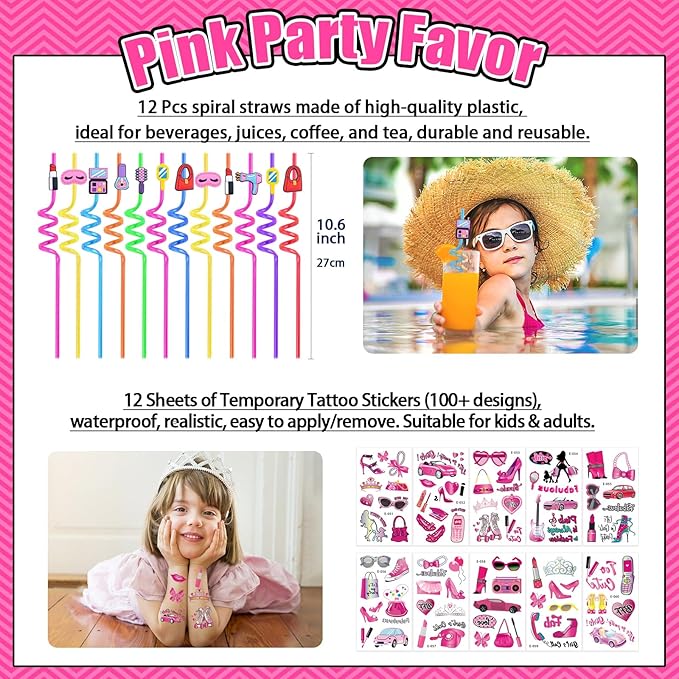 132Pcs Pink Girls Party Favors Pack - For 12Guests, Includ Goodie Box Heart Glasses Straws Bubble Wands Tattoo Sticker Bracelet Keychain, for Kids Girls Birthday Party Decoration Supplies