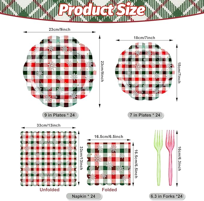 96 Pieces Christmas Plaid Tableware Set – Red and Green Checkered Disposable Plates, Napkins, and Forks with Snowflake Design for Holiday Parties, Winter Birthdays, and Seasonal Events