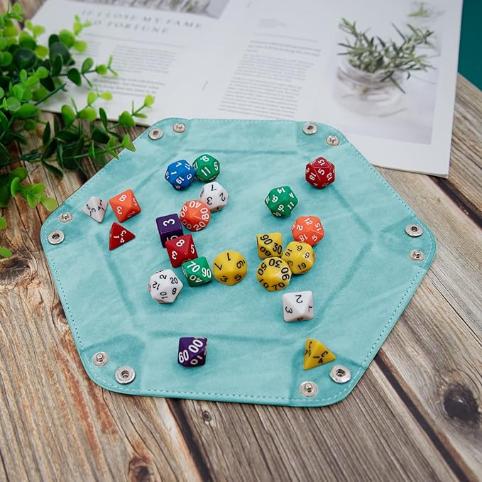 SIQUK 2 Pieces Dice Tray PU Leather Dice Folding Hexagon Tray Dice Holder for Dice Games Like RPG, DND and Other Table Games (Light Blue, Black)