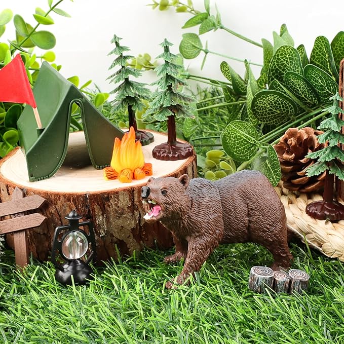 Hooqict Camping Cake Decorations with Mini Tent, Campfire, Tree, Camp Sign, Animal Camping Cake Toppers & Cupcake Toppers for Forest Camp Themed Birthday Party Decorations Supplies