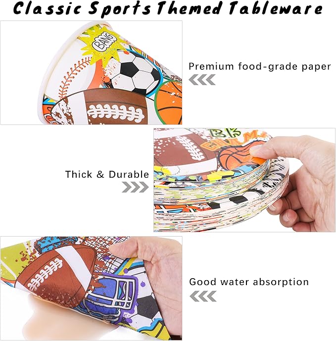 durony 144 Pieces Sports Themed Paper Plates and Napkins Dinnerware Set Sports Birthday Party Tableware Paper Plates Napkins Forks Serve 24 for Rugby Baseball Basketball Soccer Party Supplies