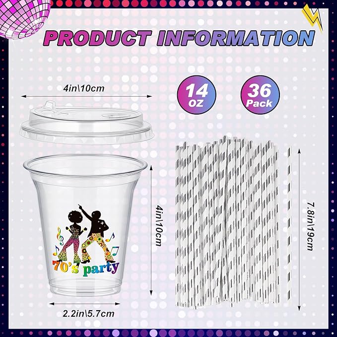 Boao 36 Sets 70s Disco Cups with Lids and Paper Straws 14 oz Disco Birthday Party Supplies Favors Disposable Clear Plastic Cups Bulk