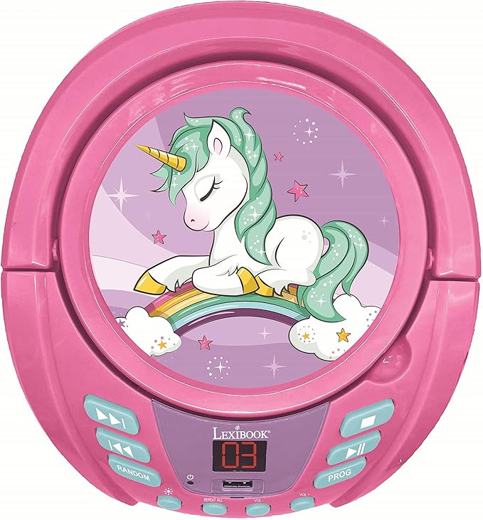 Lexibook Unicorn - Bluetooth CD Player for Kids – Portable, Multicoloured Light Effects, Microphone Jack, Aux-in Jack, AC or Battery-Operated, Girls, Boys, Pink, RCD109UNI