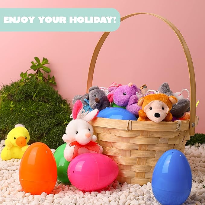 JOYIN 12 Pcs Prefilled Easter Eggs of Mini Stuffed Animal Plush Toys Basket Stuffer for Kids Easter Egg Hunt Filler and Party Favors, Classroom Prize Supplies