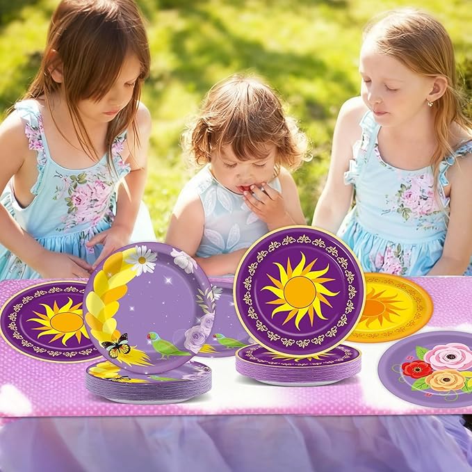 48Pcs Purple Sun Paper Plates Purple Princess Birthday Party Decorations 7 Inch Princess Sun Floral Pan Hair Dessert Plates Disposable Tableware Set for Baby Shower Wedding Party Supplies