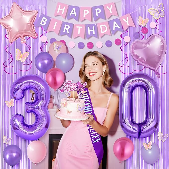 30th Purple Birthday Decorations for Women, Pink and Purple Happy 30 Birthday Party Decorations with Happy Birthday Banner, Number Foil Balloons, Butterfly Cake Topper for 30th Party Supplies
