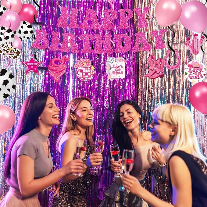 131 PCS Cowgirl Birthday Party Decorations Disco Cowgirl Party Decorations - Includes Plates, Napkins, Cups, Banner, Hanging Swirl, Tablecloth, Balloon for Western Cowgirl Party Decorations, Serve 24