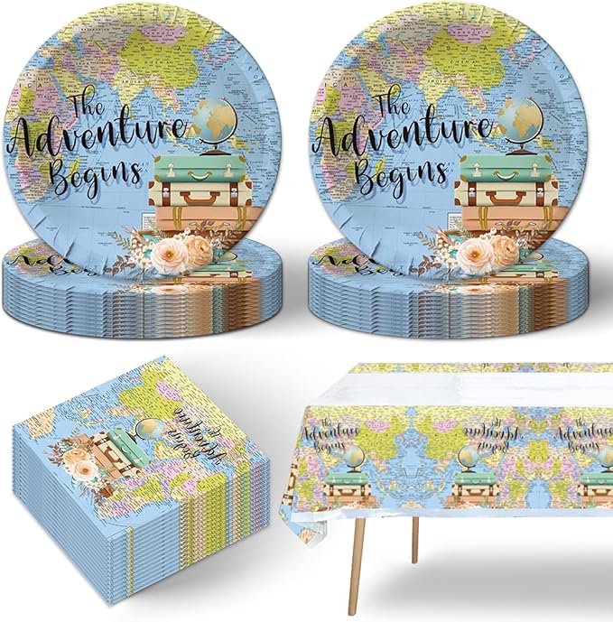 41pcs Adventure World Awaits Map Party Supplies ,include 20 Dessert Plates, 20 Napkin and 1pcs Tablecloth, Adventure World Awaits Map Party Set Used for The Adventure Begin Birthday Party Decoration