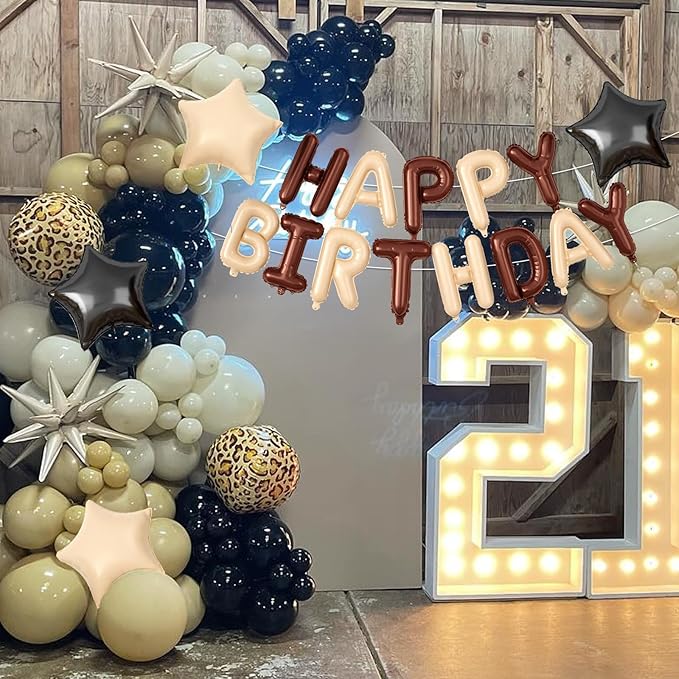 29PC Cream Brown Leopard Happy Birthday Balloon Banner, 16Inch 3D Aluminum Letter Banner Sign, Gold White Cheetah Printed 18 Inch Black Brown Star Foil Balloons for Leopard Cheetah Party Decorations