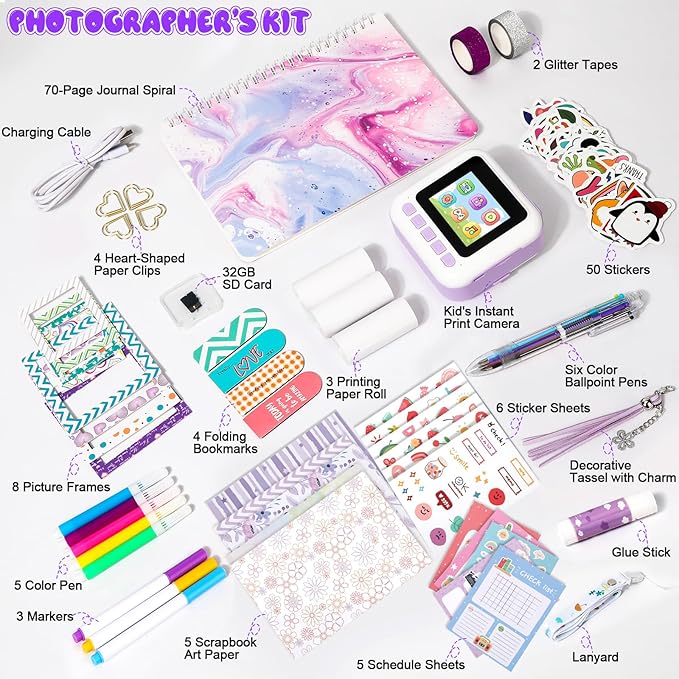 Photomaker Kit Kids 1080P Instant Print Camera for Kid 93 Pcs DIY Journal Kit for Girls Kids Camera Instant Print with 3 Roller Photo Paper Ideas Birthday Gifts and Toys for Girls Boys Age 6-14 Purple