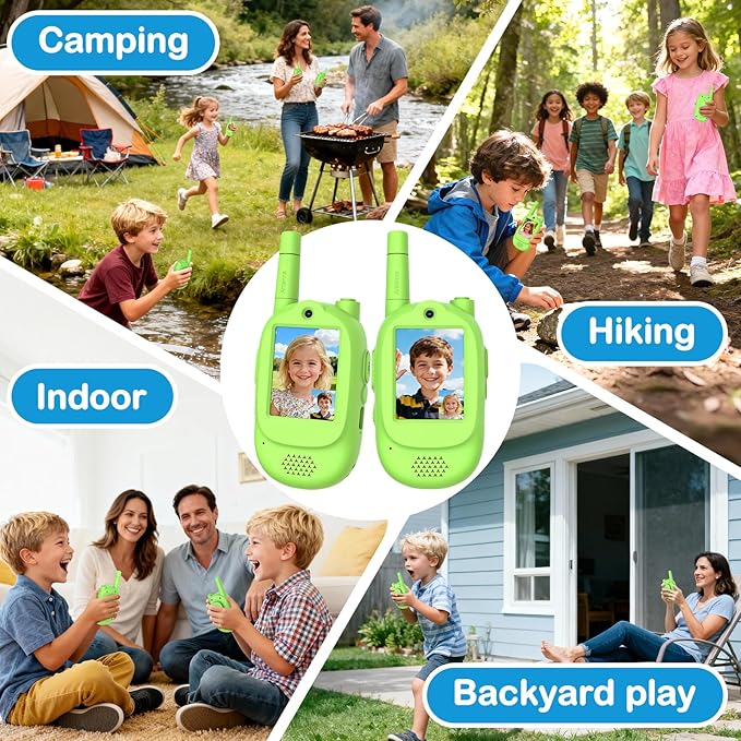 Video Walkie Talkies for Kids, 2 Pack Rechargeable Real-Time Video Chat & Voice Changer Walkies Talkies with Watch Straps, Long Range Family Games, Outside, Gifts for Boys Girls Ages 3-12 Green