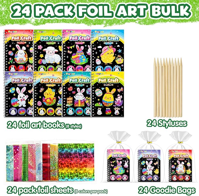 FUNNYB&G Foil Art Party Favors for Kids - 24 Pack Foil Art Crafts Kits Coloring Books, Goodie Bag Stuffers Party Favors for Kids 4-8 8-12, Bulk Easter Classroom Gifts Girls Boys Prizes (Easter)