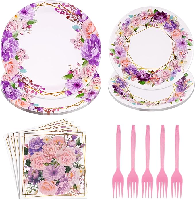 Grencian 96Pcs Spring Floral Party Supplies Pink Purple Flowers Paper Plates and Napkins Disposable Spring Floral Tableware Set for Wedding Bridal Shower Baby Shower Mother’s Day Tea Party, Serves 24