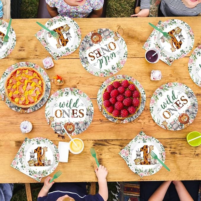 96Pcs Safari Wild Ones Birthday Party Decorations Twins Baby 1 Year Old Plates and Napkins Safari Jungle Animal Supplies for Boys Girls First Birthday Welcome Twins Party Supplies, Serves 24