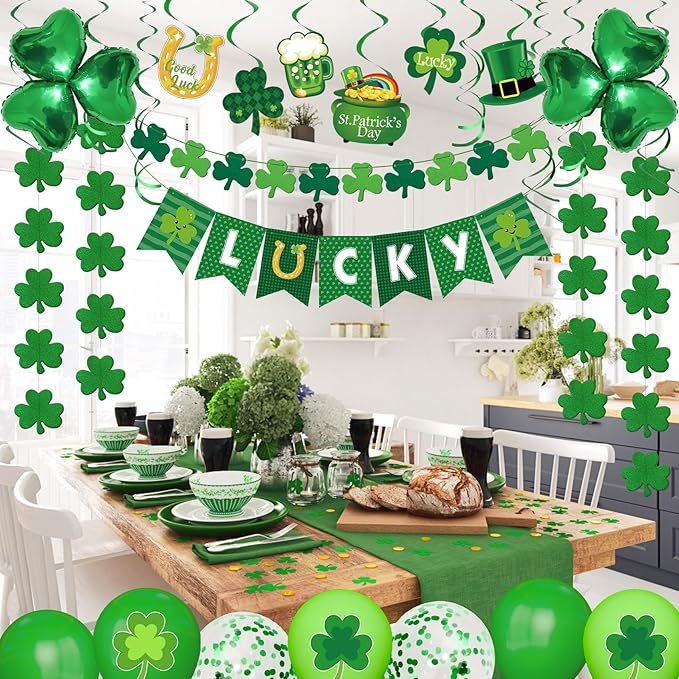 61Pcs St. Patrick's Day Decorations, Lucky Shamrock Banner Shamrocks Garland Saint Patrick Hanging Swirl Cutout 6.56FT St Patricks Day Garland Balloons for Irish Lucky Day Home Party Supplies