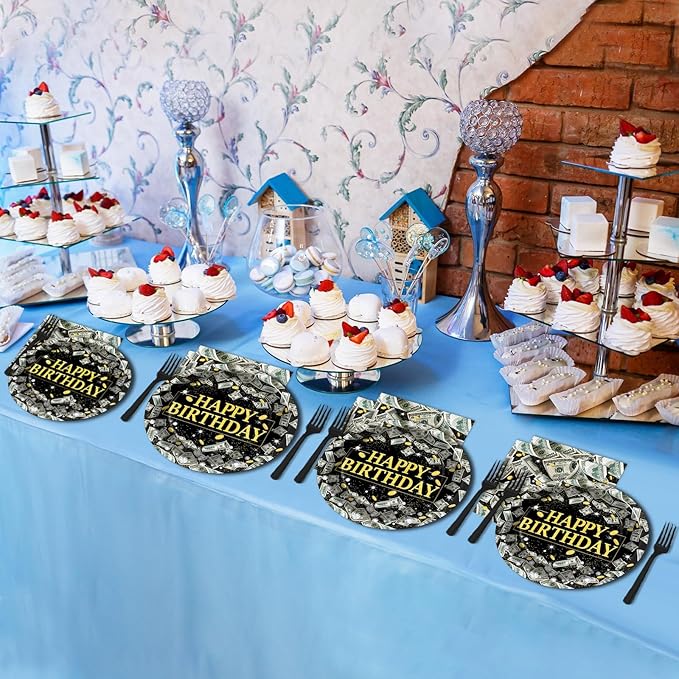 gisgfim 96PCS Money Birthday Party Supplies Paper Plates Napkins Money Decorations Tableware Set Disposable Hundred Dollar Bills Birthday Party Decorations Favors for Adults Serves 24