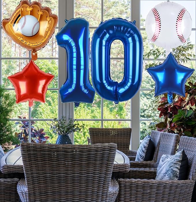 Baseball Balloons 10th Birthday Decorations for Boys | Baseball Birthday Decoration Sports Theme Party Supplies, 32Inch Foil Mylar Number 10 Balloon Navy Blue Red White Sports Balloon Arch Kits