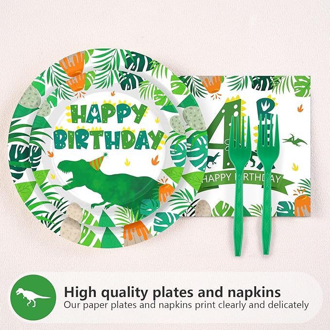 Grencian 96Pcs Dinosaur 4th Birthday Decorations Dinosaur 4th Birthday Plates Roar Im Four Paper Tableware Set for Boys Dino Four Year Old Birth-day Party Decorations, Serves 24