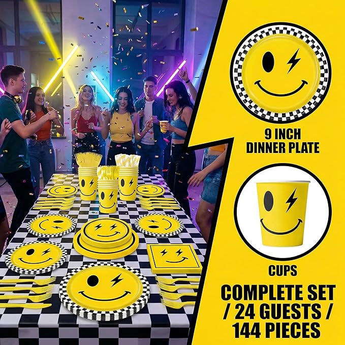 Yellow Smile Face Themed Party Decorations Supplies Happy Smile Face Themed Party Tableware Set Include Plates, Cups, Napkins,Cutlery and Straw for Baby Shower, Birthday Party Decorations Serves 24