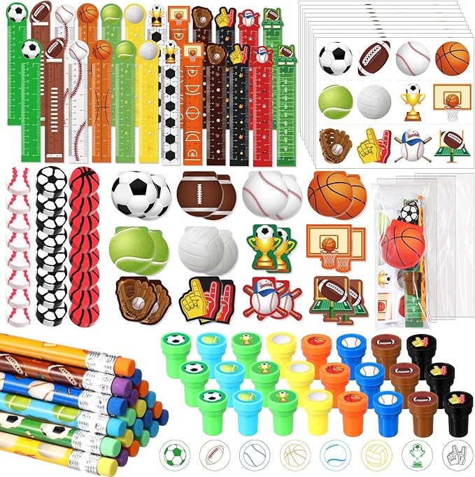 168 Pcs Sports Party Favors Sports Theme Party Supplies Football Basketball Baseball Soccer Stationery Set Notebook Sticker Stamper Eraser Ruler Pencil for Baby Shower Birthday Gift Prize