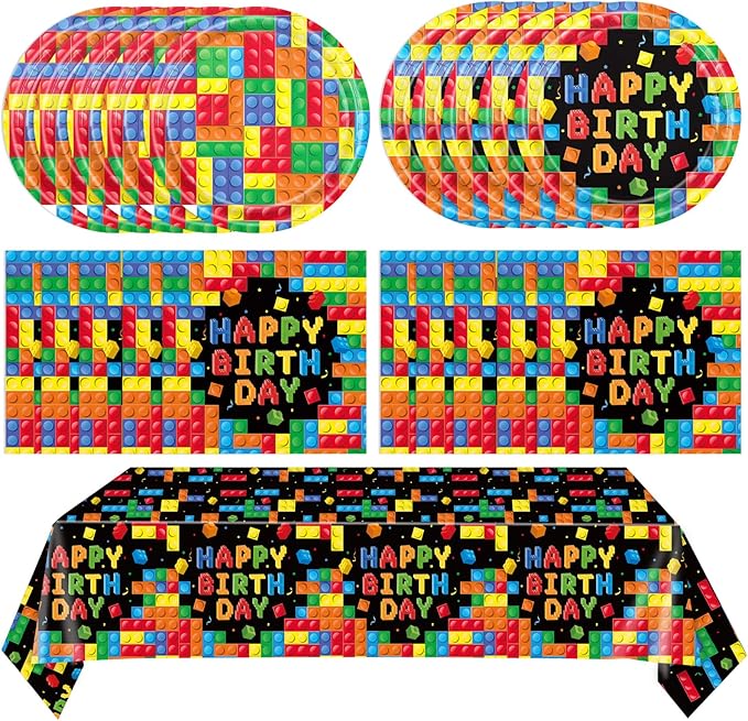 41 PCS Building Block Party Supplies,Colorful Paper Plates and Napkins with Building Block Disposable Plastic Table Cover for Happy Building Blocks Themed Birthday,Building Blocks Party ,Serves 20