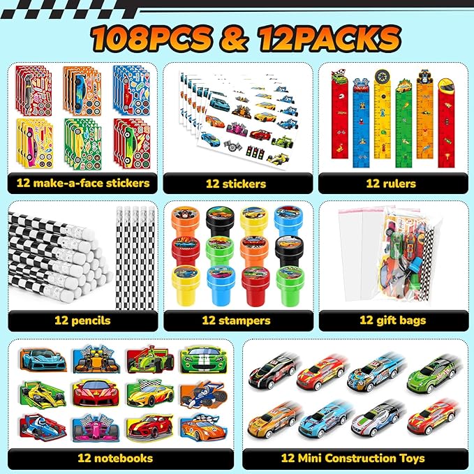 BenLouis 96Pcs Race Car Party Favors Racing Theme School Stationery Set Bulk for Kids Fast Racecar Wheel Birthday Party Goodie Bag Stuffers Classroom Gifts Rewards Pinata Filler
