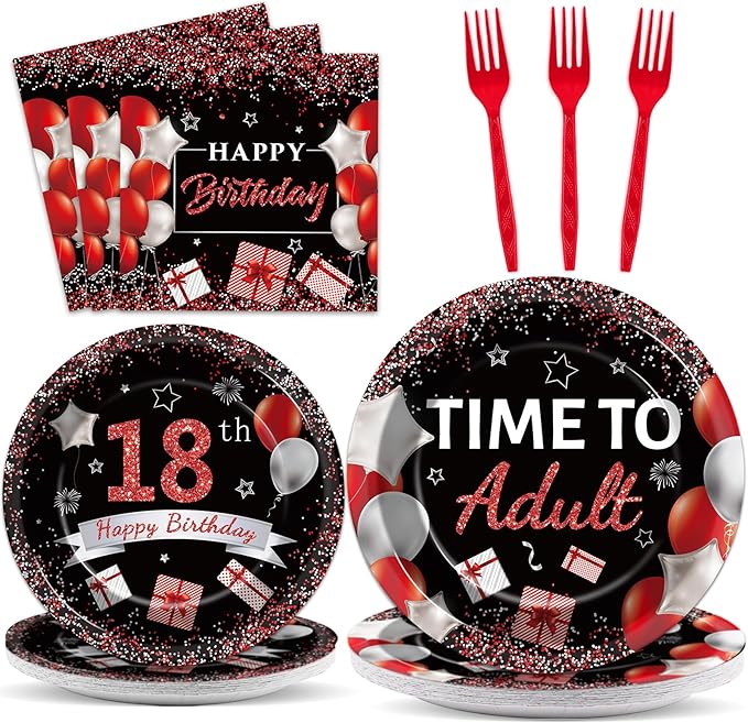gisgfim 96 Pcs 18th Birthday Party Supplies Paper Plates Napkins Time To Adult Red Black 18 Years Old Birthday Party Dinner Dessert Tableware Set 18th Decorations Favors for Boys Girls Serves 24