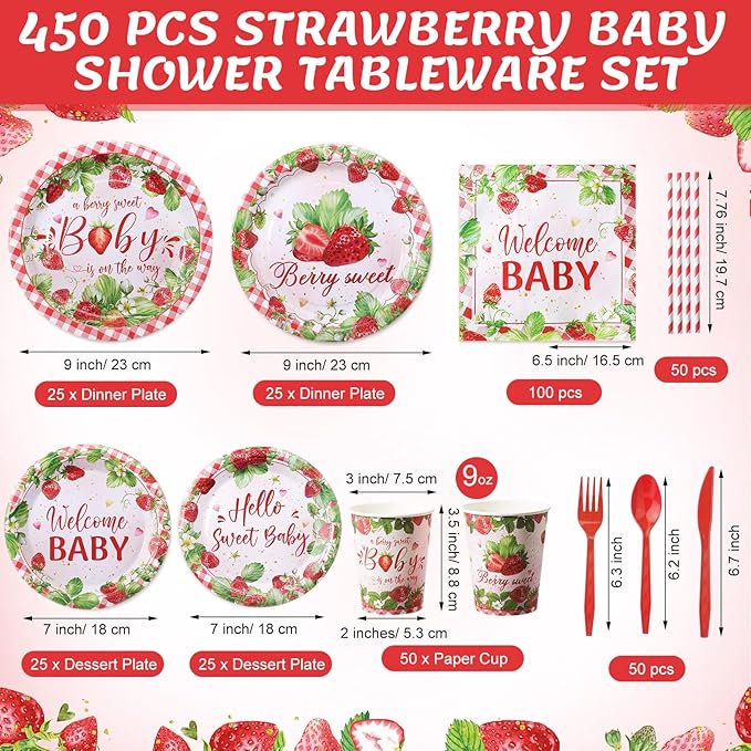450 Pcs Strawberry Baby Shower Tableware Set Decorations A Berry Sweet Baby Paper Plates Napkins Cups Cutlery Straws for Berry Gender Reveal Birthday Party Supplies, Serves 50