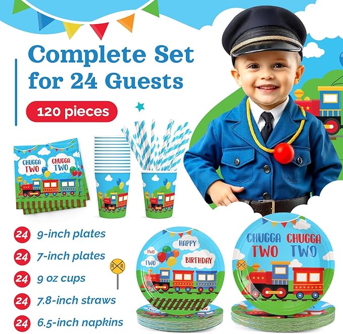 Chugga Chugga Two Two Birthday Party Decorations, 120Pcs Train Themed Party Supplies Transportation Disposable Tableware Includes Paper Plates, Napkins, Cups and Straws | Serves 24