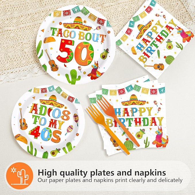 96Pcs Taco 50th Birthday Party Supplies Mexican Fiesta Adios To My 40s Plates and Napkins Disposable Mexican Tableware Sets for Adults Cinco De Mayo 50 Years Old Birthday Decorations,Serves 24