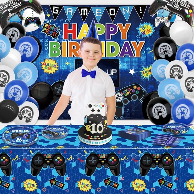 10th Birthday Decorations for Boys, 81 Pcs Level 10 Video Game Party Decorations, Including Video Game Plates Napkins Tablecloth Forks for Gamer Birthday Party, Serves 20, Blue